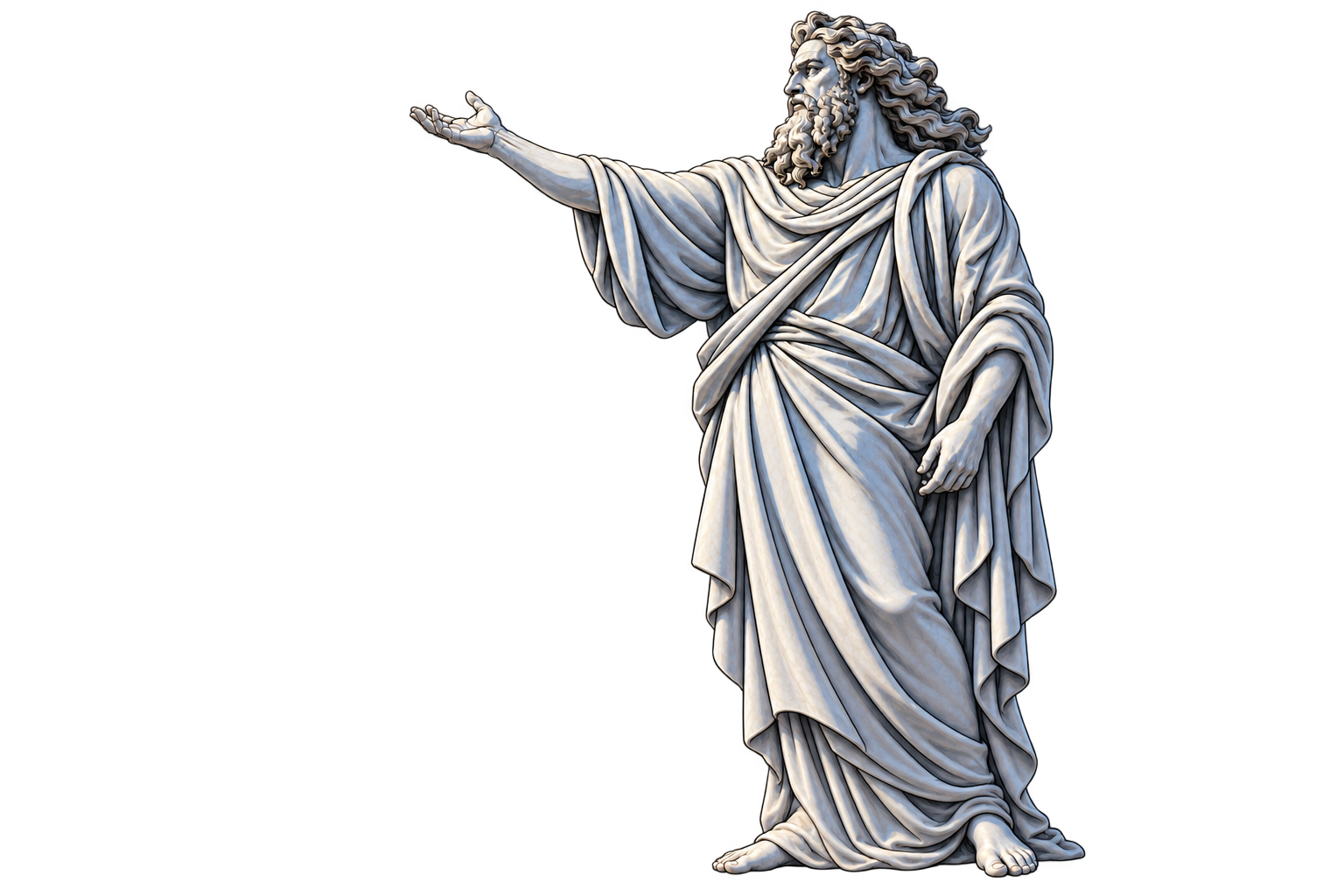 Full-length Zeus statue reaching for lightning, with his feet at the top edge of the score chart